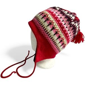 Firefly Hat Fair Isle Pattern Red Pink Black Chin Ties 100% Wool Made Canada VTG